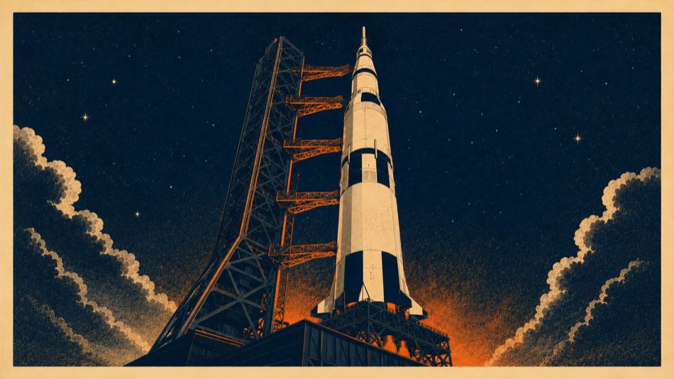Illustrated postcard: a Saturn V on the pad at night, gantry lit, clouds behind it.