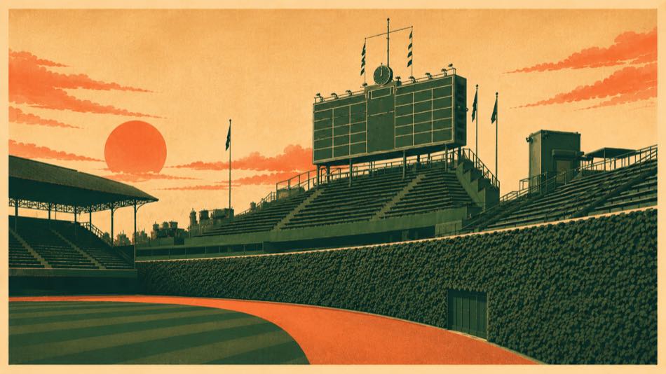 Illustrated postcard: an ivy-covered ballpark at dawn, hand-operated scoreboard, empty stands.